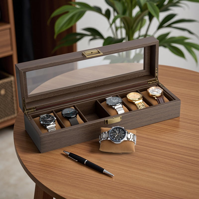 Lonian Watch Box, Watch Case for Men 6 Slots Wood Storage Watch Case Organizer with Glass Display Top Exquisite and Durable - Image 4